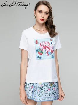 Seasixiang Mados Dizaineris Pavasario Vasaros Moterų Kostiumas trumpomis Rankovėmis Kristalų T-Shirt + Print Šortai, Sijonai Atsitiktinis Dviejų dalių komplektas