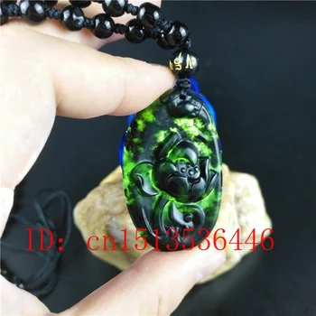 Sertifikuota Kinijos Gamtos Black Green Jade Lotus Pakabukas Karoliai Mados Papuošalų, Aksesuarų Ranka Raižyti Pasisekė Amuletas Viršų