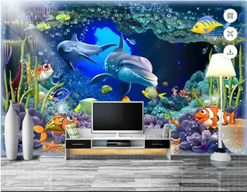 tapetai, foto, 3d custom freskos Modernus jūrų pasaulyje delfinų fone tapybos kambaryje namų dekoro tapetai sienos 3d miegamasis