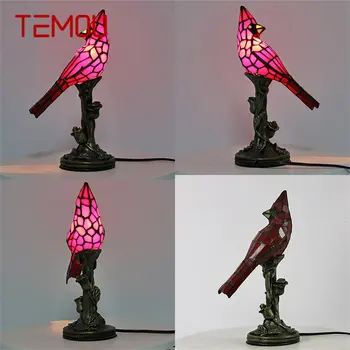TEMOU Tiffany Stiklo Stalo Lempa Derliaus LED Kūrybos Raudonas Paukštis Stalo Apšvietimas Studijų Miegamojo Lovos Dekoras