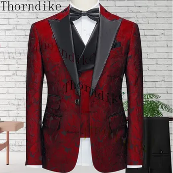 Thorndike 2023 Naujas Vyrų Kostiumas, Raudona Britų Stiliaus Vestuvių Verslo Švarkas+Liemenė+Kelnės 3 Gabalus Smokingas Užsakymą Terno Masculino