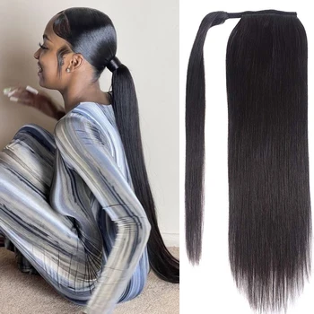 Tiesiai Ponytails Aplink plaukai surišti į uodegą Pratęsimo Brazilijos Remy Human Hair Su Įrašas plaukai surišti į uodegą Hairpiece Moterims, 28 30 Cm