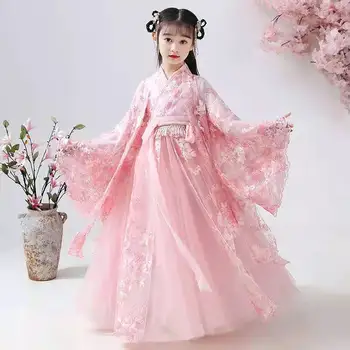 Tradicinis Kinų Mergaitėms, Rausvos Spalvos, Hanfu Princesė Suknelės Nustatyti Vaikų Šalis Cosplay Apranga Liaudies Šokių Suknelė Pasakų Kostiumas