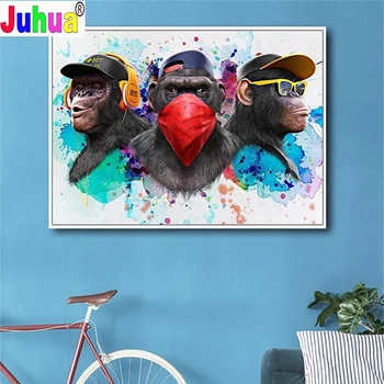 Trys Hip-Hop Beždžionės Deimantą Tapybos Animacinių Filmų Gyvūnų Juokinga Plakatas Gatvėje Sienos, Paveiksl Watercolorful Kūriniai, Namų Dekoro