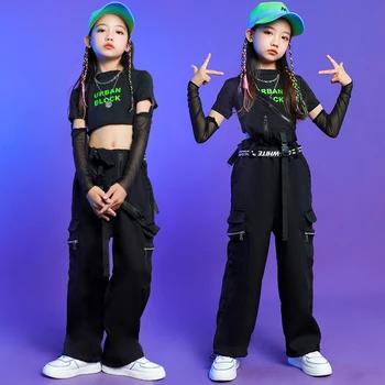 Vaikai Punk Hip-Hop Drabužių Kpop Komplektus Marškinėlius su Pirštines tankų Kombinezonas Kelnės Mergaitėms Džiazo Šokio Kostiumai Streetwear