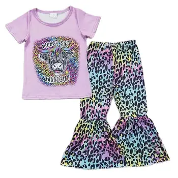 Vakarų Bamblys Moody Bet Stebuklinga Apranga Baby Girl Violetinė Trumpomis Rankovėmis, Karvės Tee Marškinėliai Leopard 