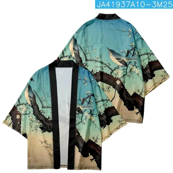 Vasaros Gėlių, Paukščių Spausdinti Kimono Streetwear Cardigan Drabužius, Moterims, Vyrams Japonijos Haori Negabaritinių Viršuje Yukata