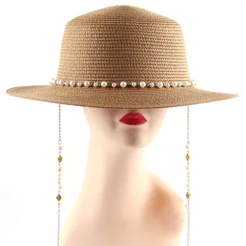 Vasarą nuo saulės sun skrybėlę ponios korėjos versija, skėtį nuo saulės mažas butas top hat lauko paplūdimio šiaudų skrybėlę pearl grandinės, didmeninė