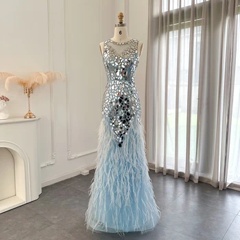 Vien Pasakų Prabanga Dubajus Mėlynos Plunksnos Undinė vakarinę Suknelę Moteris 2023 Vestuves Oficialų Suknelė Prom Chalatai SS124