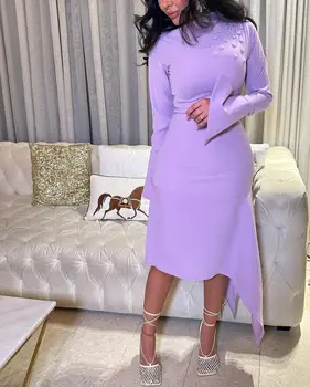 Violetinė Mygtuką 2023 Naujas Stilius Keltas Suknelės Ilgomis Rankovėmis, Aukštu Kaklu Elegantiškas Šalis Suknelės Moterims Arabija Rūbeliai De Soirée