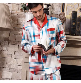 Vyriški šilko pižama dviejų dalių kostiumas ilgomis rankovėmis 100% mulberry šilko pižama spausdinti šilko homewear