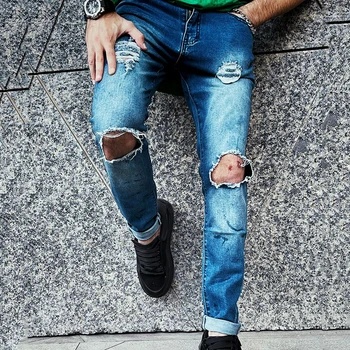 Vyrų kankina atsitiktinis kelnės sumažinti sugedusios kelnės džinsinio džinsus skylė kelio plonas, nedidelis kojos tamprioji banga