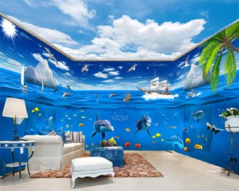 wellyu Povandeninį pasaulį undinė delfinų mėlynas dangus ir balti debesys, visas namas custom high-end fono sienos tapetai