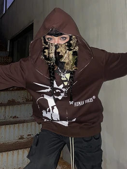 Y2k Punk Portretas Spausdinti Siuvinėjimas Sunkiųjų Megztinis Visas Užtrauktukas Hoodie Purus Kailis Žiemą Hip-Hop Mados