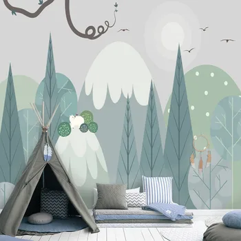 Šiaurės ranka-dažytos miško slėnis animacinių filmų lokys，Individualų 3D sienos vaikų tapetai, lipnios tapetai, gyvenamasis kambarys, būti