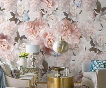 Šiaurės Užsakymą freskos Europos rose romantic Pink gėlių drugelis interjero Gėlių, viešbučio, miegamojo fono sienos tapetai